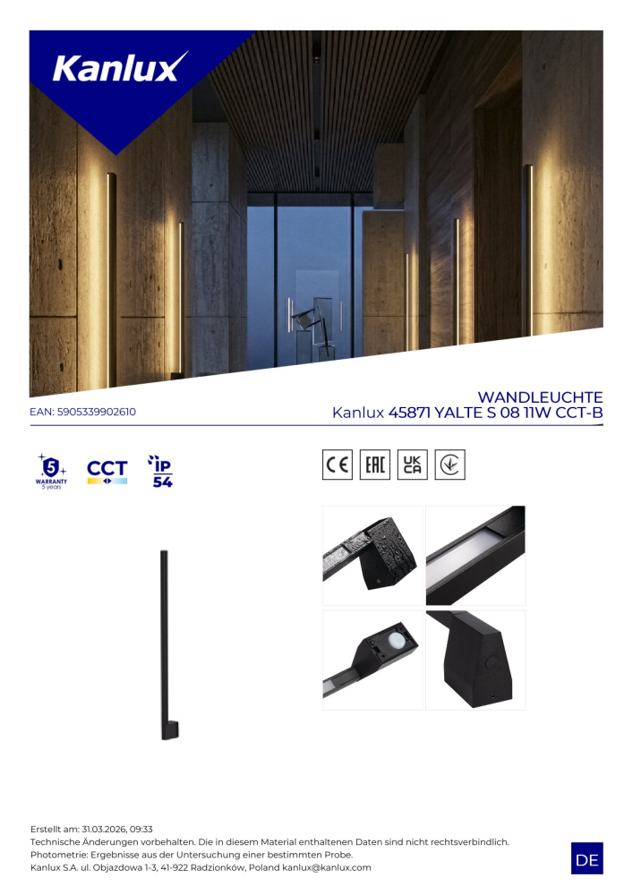 LED Spiegelleuchte YALTE CCT 3000/4000/6500K 80cm schwarz drehbar 11W IP54 Kanlux 45871