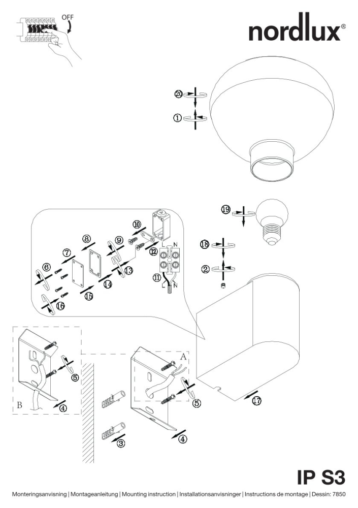 Nordlux Badleuchte IP S3 IP44 Wandleuchte E27 Stahl gebürstet
