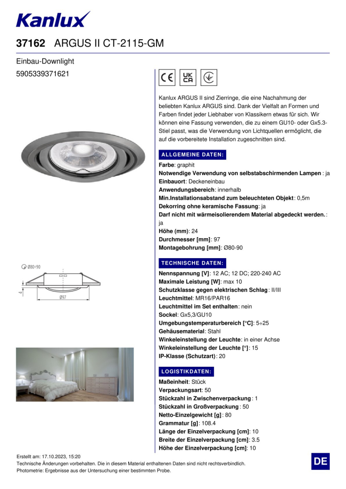 Deckeneinbauleuchte ARGUS II CT-2115-GM graphit 37162