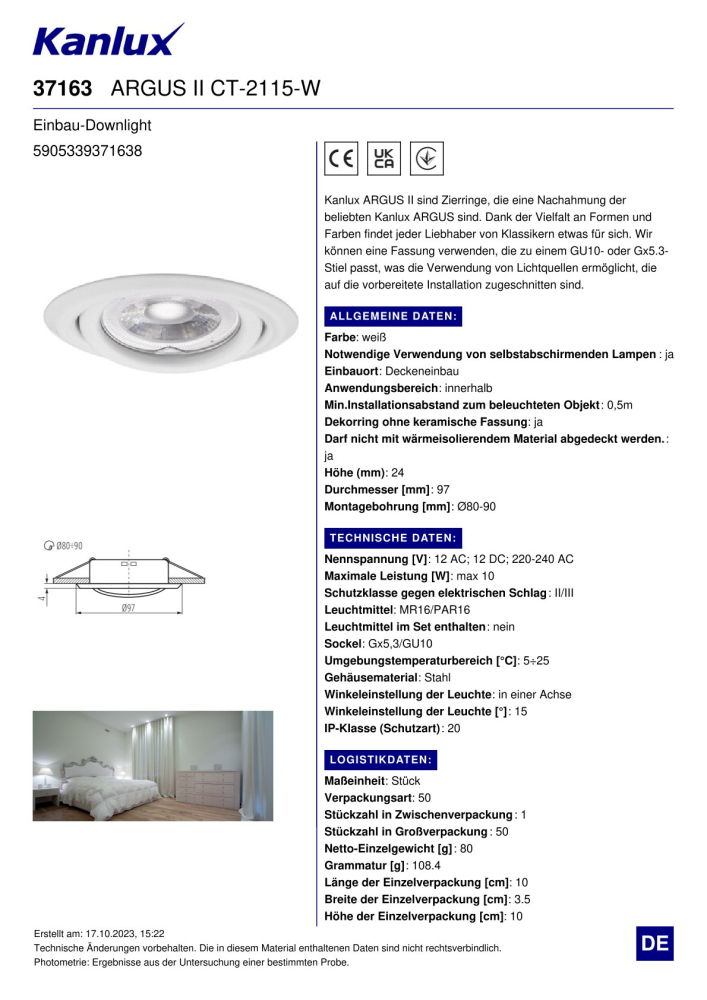 Einbaurahmen ARGUS II CT-2115-W Weiss Deckeneinbauspotleuchte 37163