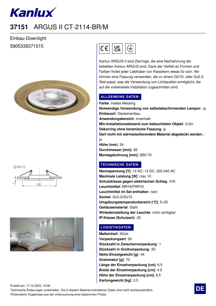 Deckeneinbauleuchte ARGUS II CT-2114-BR/M mattes Messing 37151