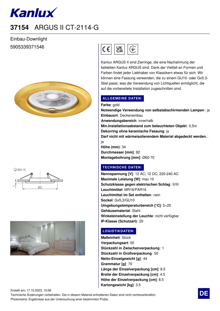 Deckeneinbauleuchte ARGUS II CT-2114-G Gold 37154