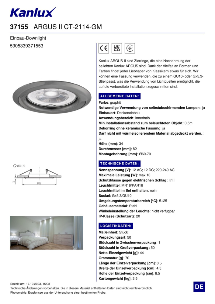 Einbaustrahler ARGUS II CT-2114-GM Graphit Einbaurahmen 37155