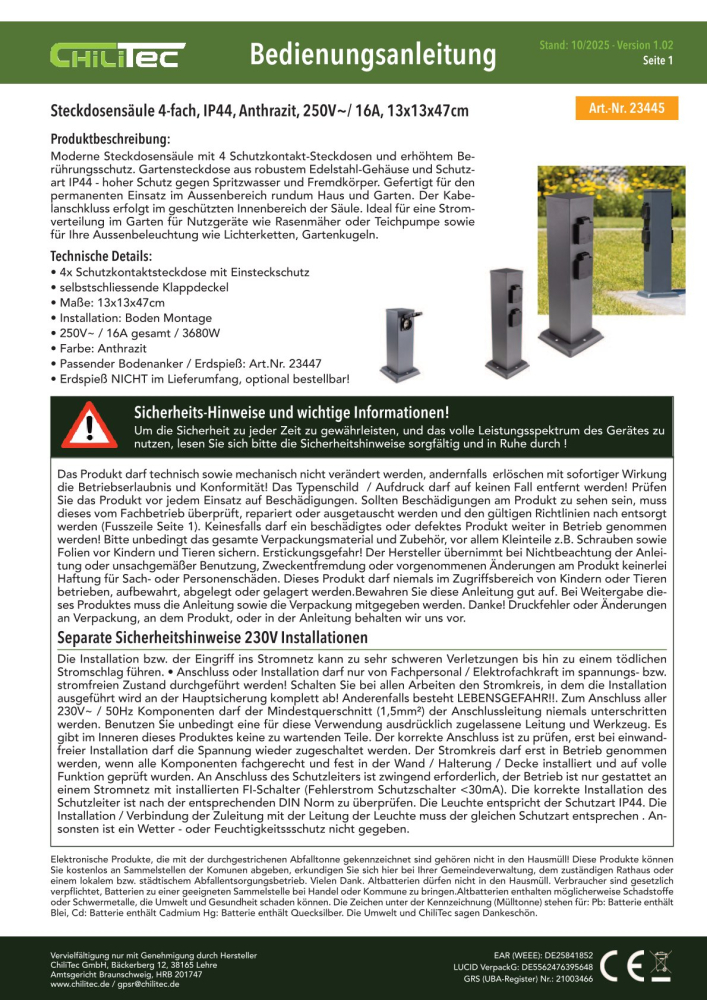 ChiliTec Steckdosensäule 4-fach Anthrazit IP44 Aussensteckdose 23445