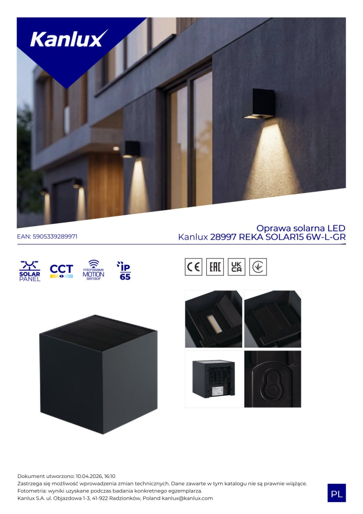 Kanlux LED Solarleuchte REKA CCT 3000/4000/6500K Mikrowellen Sensor grau 6W IP65 28997