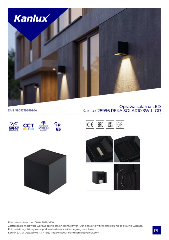 Kanlux LED Solar Wandleuchte REKA CCT 3000/4000/6500K Mikrowellen Sensor grau 3W IP65 28996