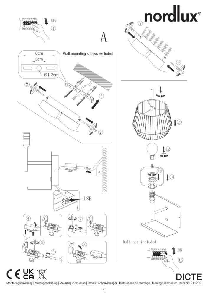 Wandlampe Dicte Nordlux schwarz weiss E14 mit Regal und USB