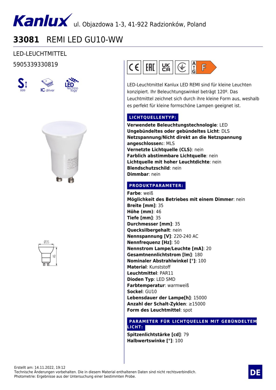 LED Strahler PAR11 GU10 2,2W Ø35mm Lampe 100° 165Lm 3000K warmweiß KANLUX 33081