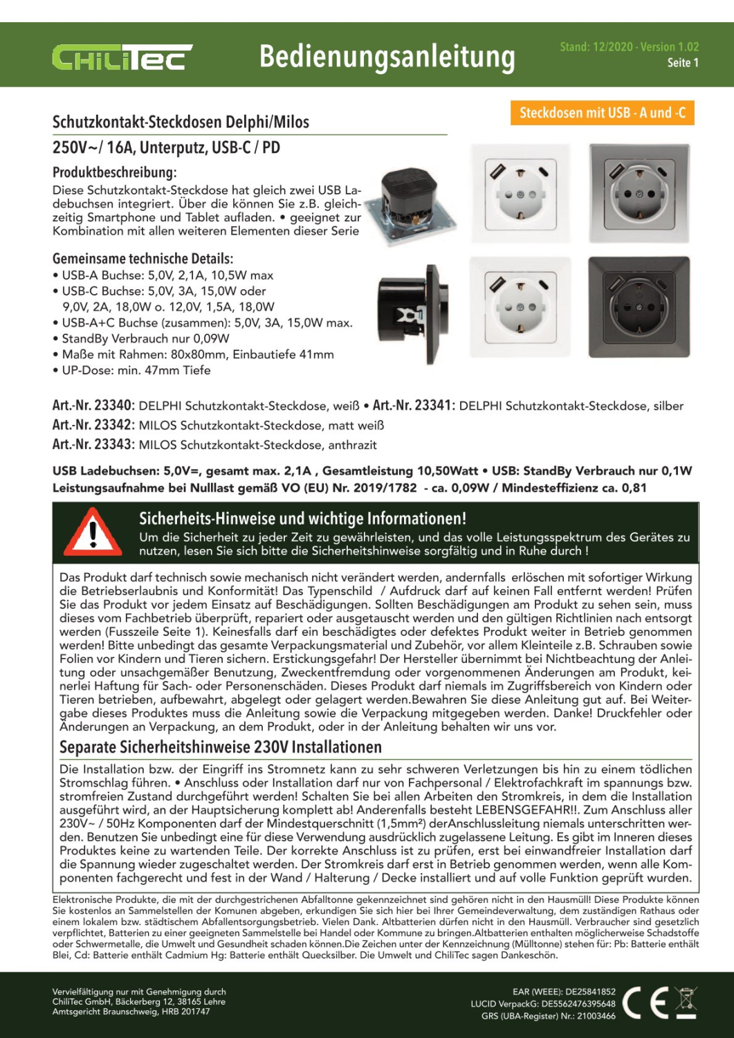 DELPHI Schutzkontakt-Steckdose weiß UP USB A + C / PD 23340