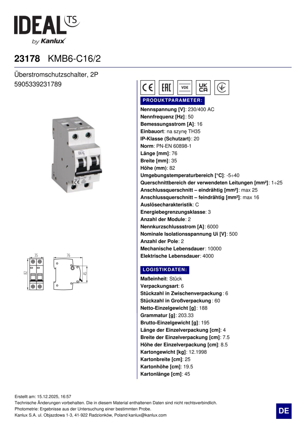 LS-Schalter KMB6 C16 2P 16A IDEAL 23178 Sicherung Leitungsschutzschalter