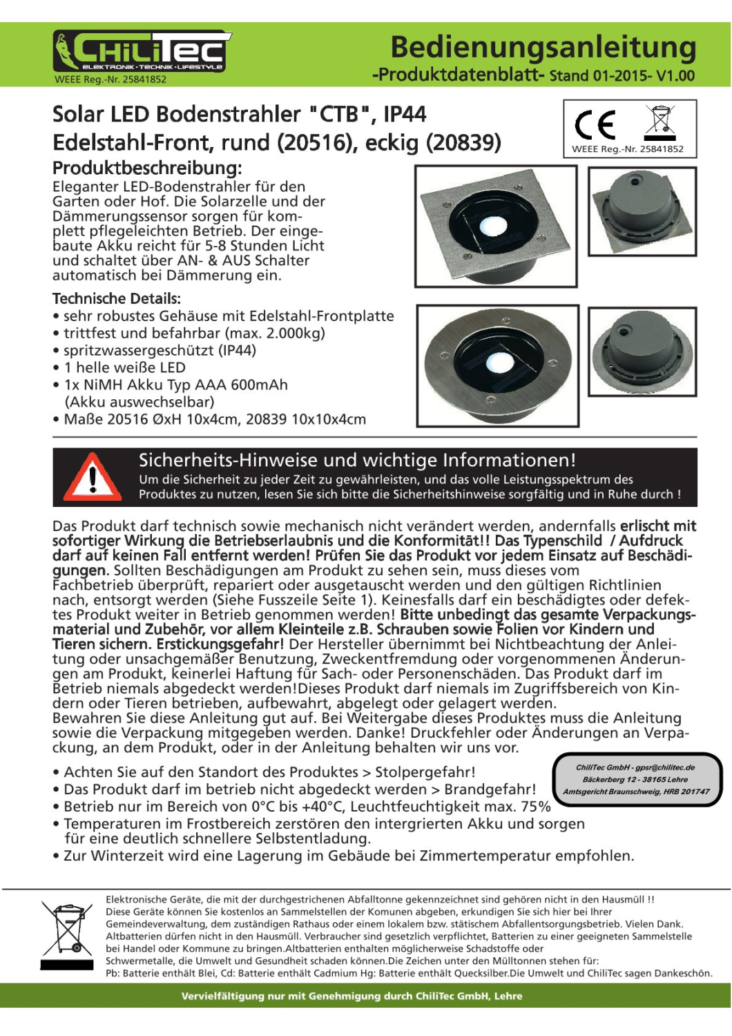 ChiliTec Solar LED Bodenstrahler "CTB-E" eckig IP44 Edelstahl-Front 20839
