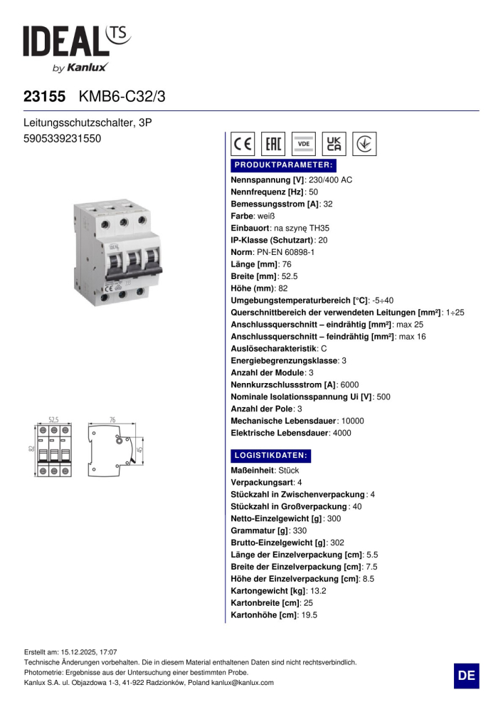 LS-Schalter KMB6 C32 3P 32A schwarz IDEAL 23155 Sicherung Leitungsschutzschalter