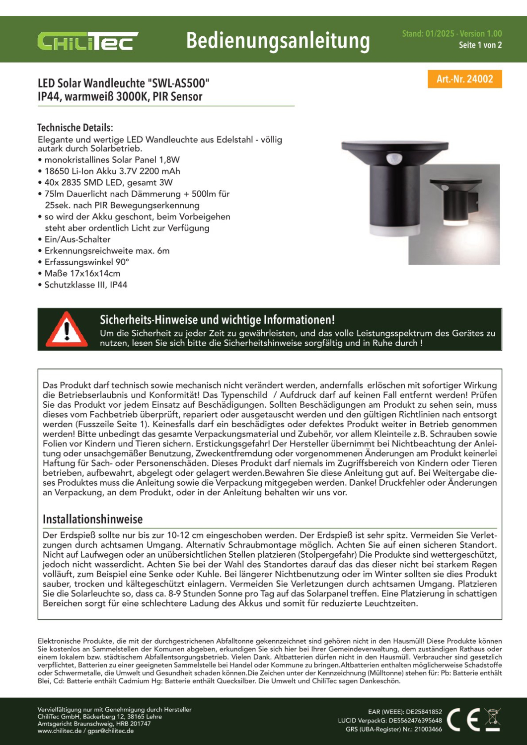 ChiliTec LED Solar Wandleuchte "SWL-AS500" IP44 3000K PIR Sensor 24002