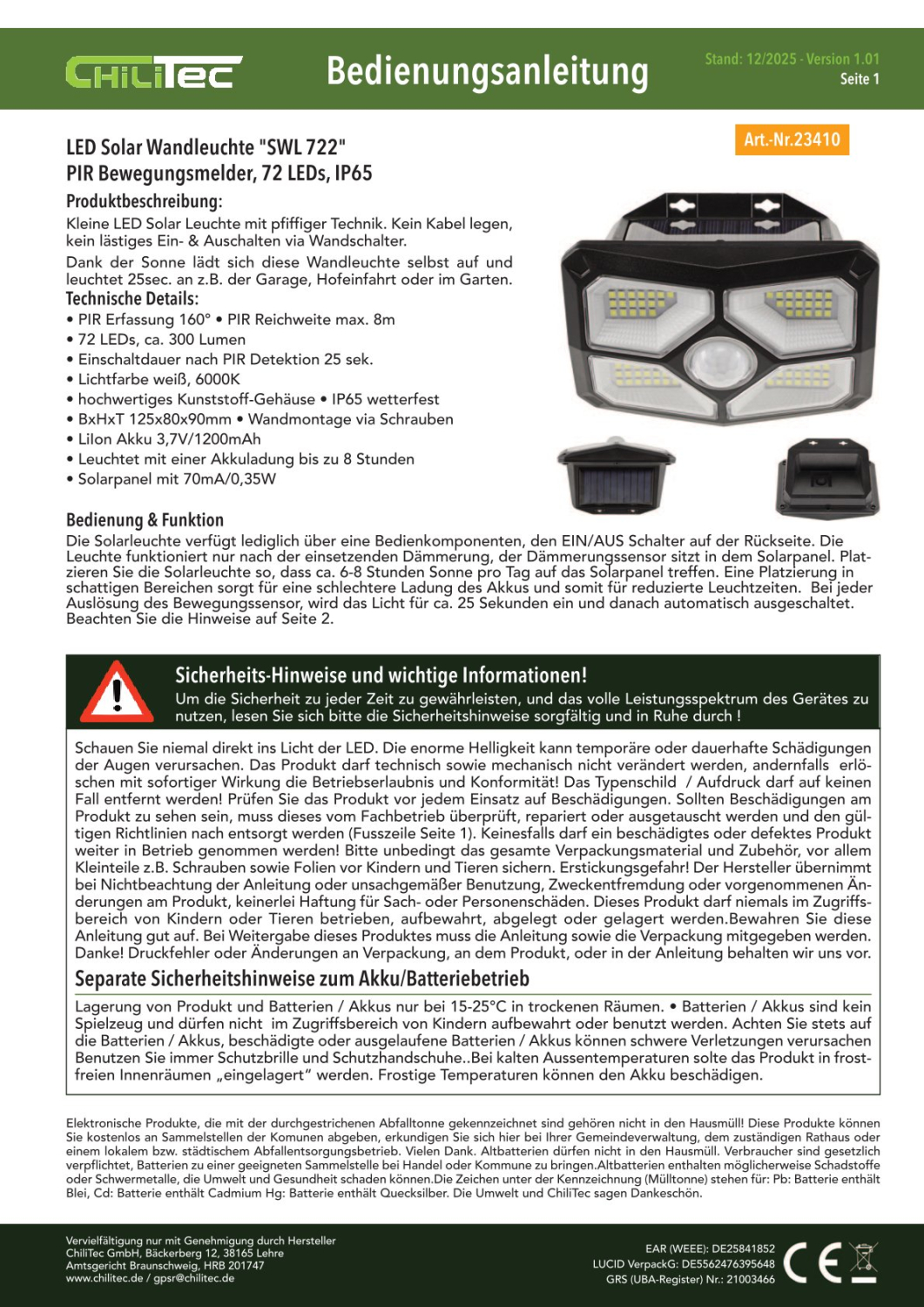 ChiliTec LED Solar Wandleuchte "SWL 722" PIR Bewegungsmelder IP65 23410