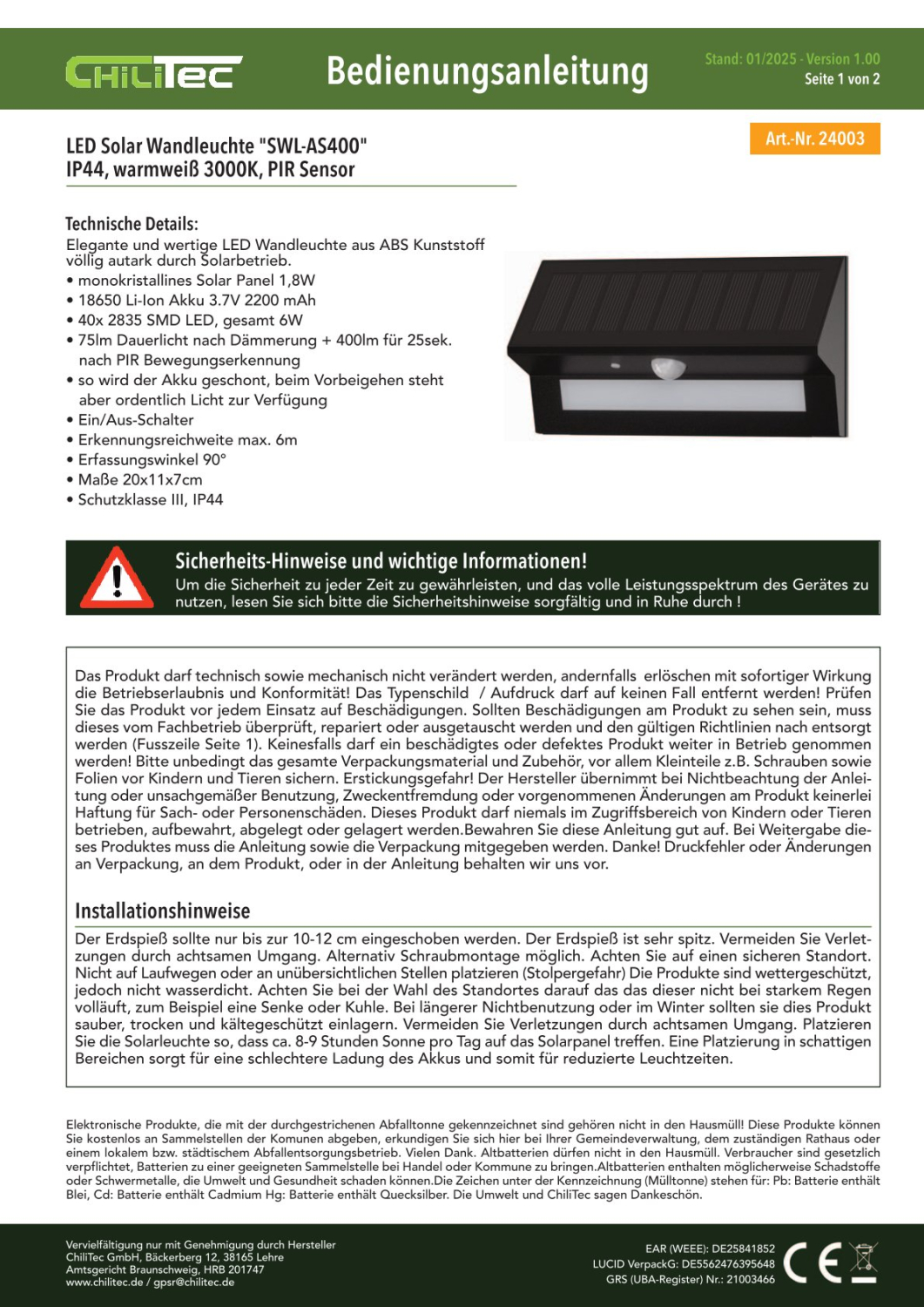 ChiliTec LED Solar Wandleuchte "SWL-AS400" IP44 PIR Bewegungsmelder 3000K 24003