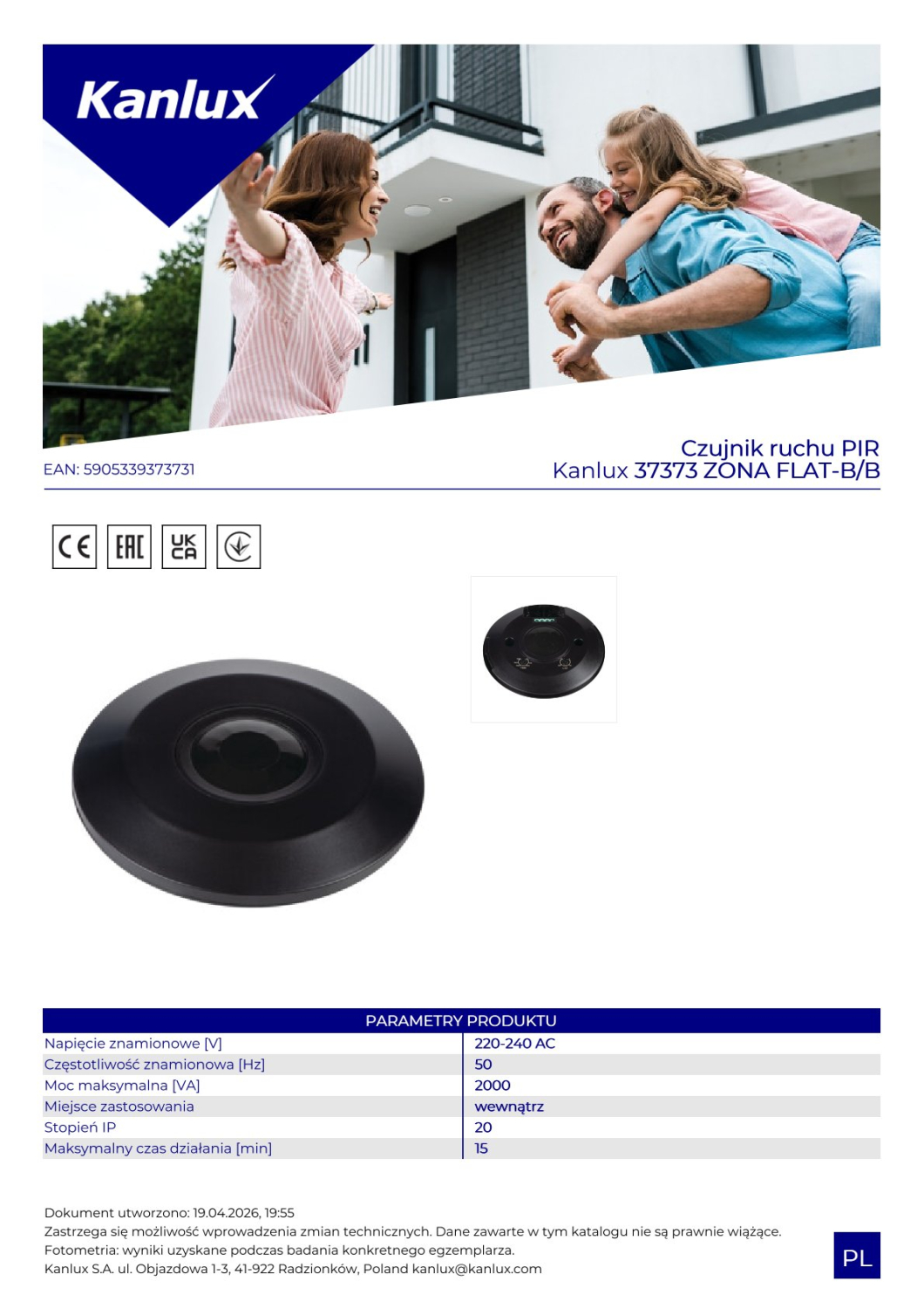 Bewegungsmelder PIR ZONA FLAT B/B 360° 120° 2000VA Sensor schwarz 37373