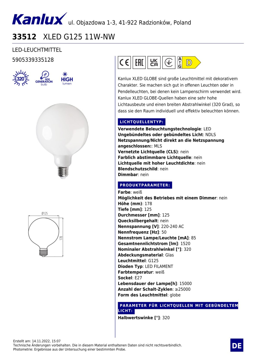 LED Lampe XLED G125 4000K Filament E27 11W 1520Lm neutralweiss Globe Leuchte matt 33512