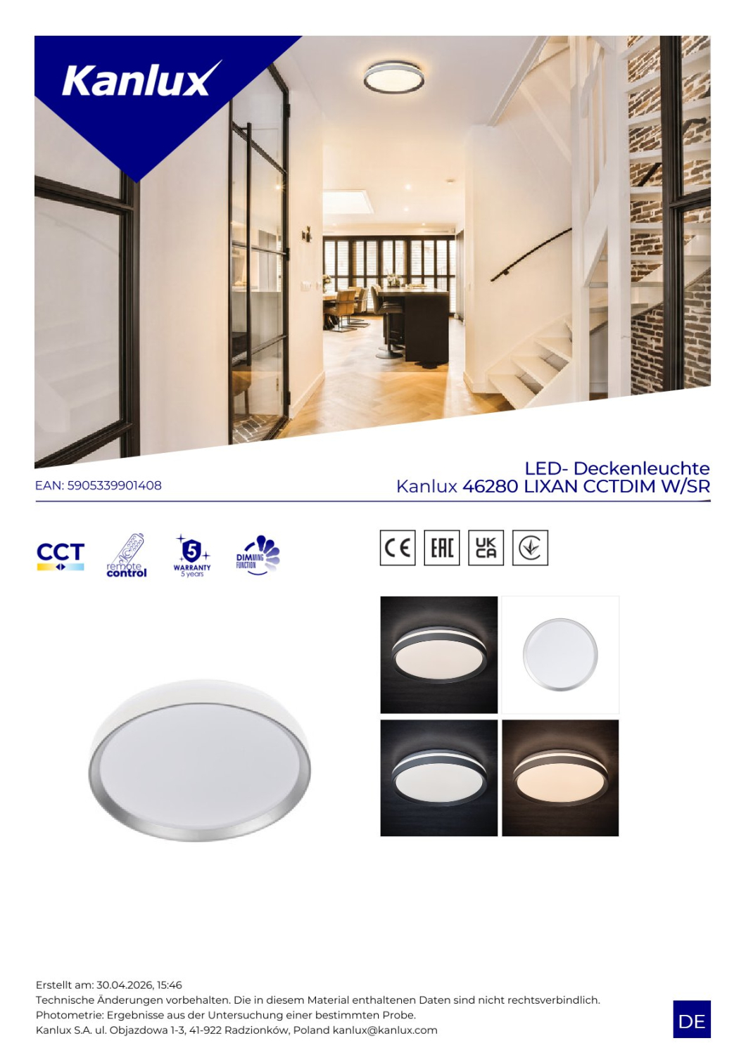 LED Deckenlampe LIXAN CCT 3000-6500K FB dimmbar Ø385 weiß / silber Kanlux 46280