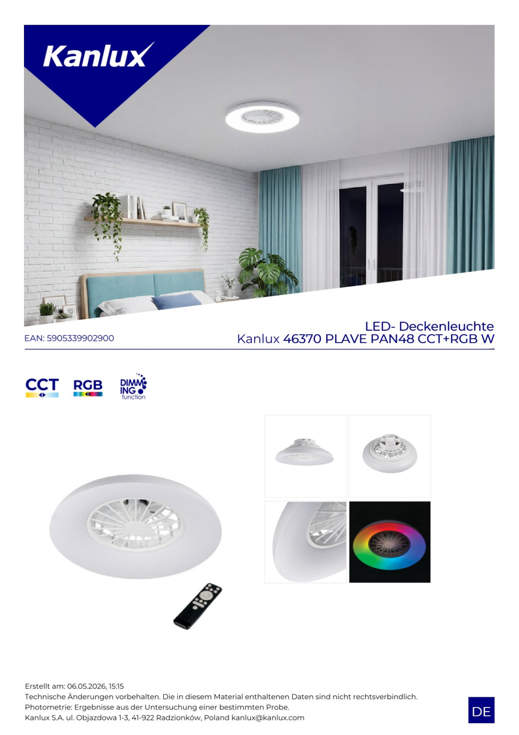 Kanlux LED Deckenleuchte PLAVE PAN CCT+RGB Ø485 mit Ventilator + FB 46370