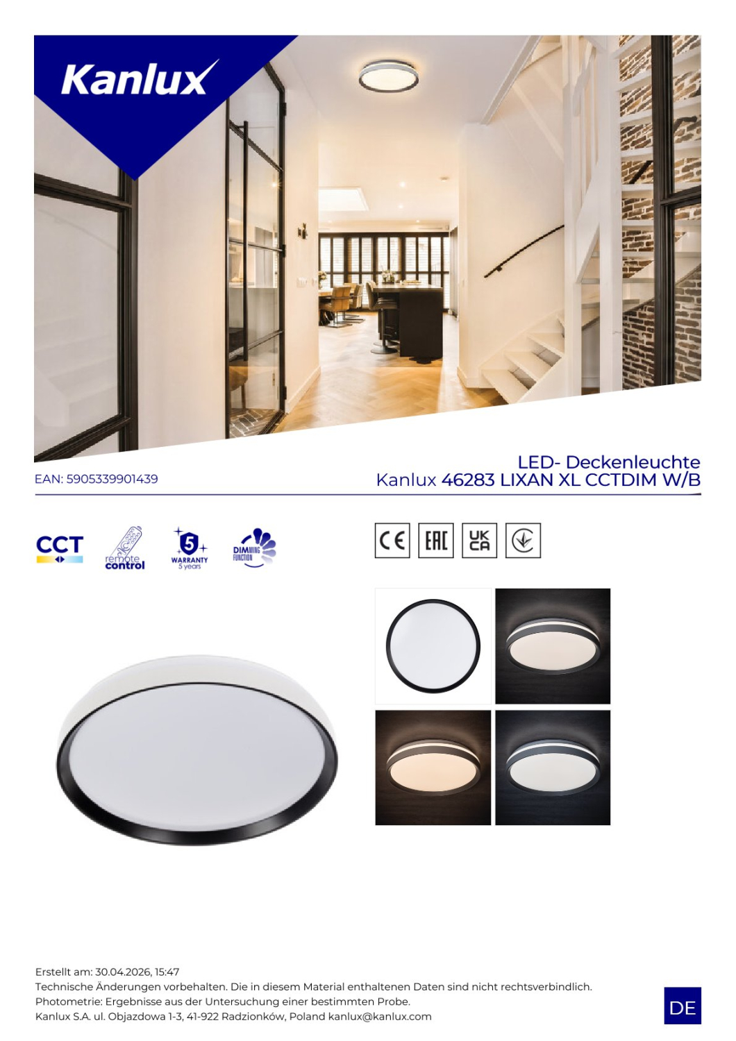 Kanlux LED Deckenlampe LIXAN XL CCT 3000-6500K FB dimmbar Ø485 weiß/schwarz 46283