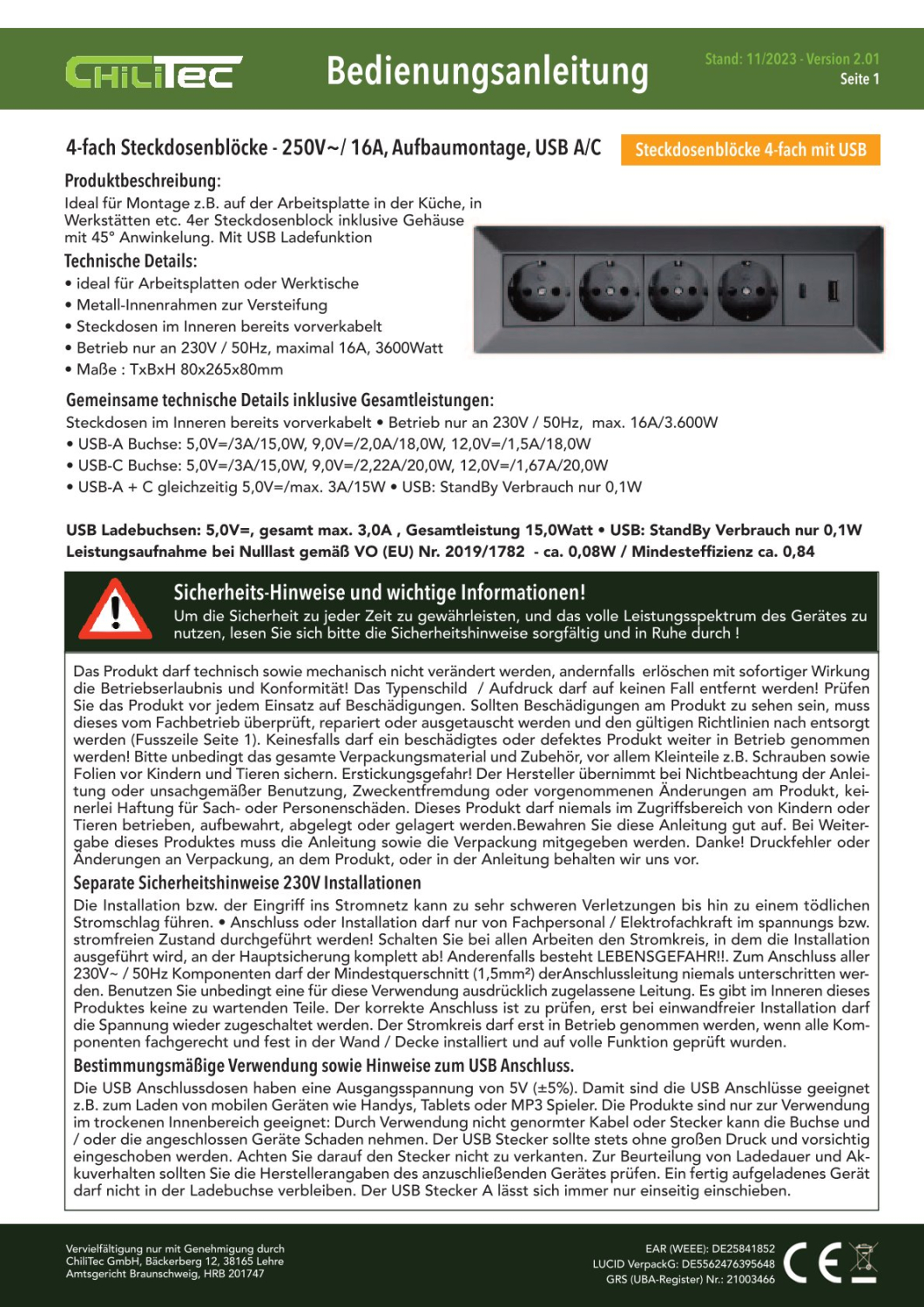 4-fach Steckdosenblock + 2x USB A+C 3,1A schwarz Aufbausteckdosen 23791
