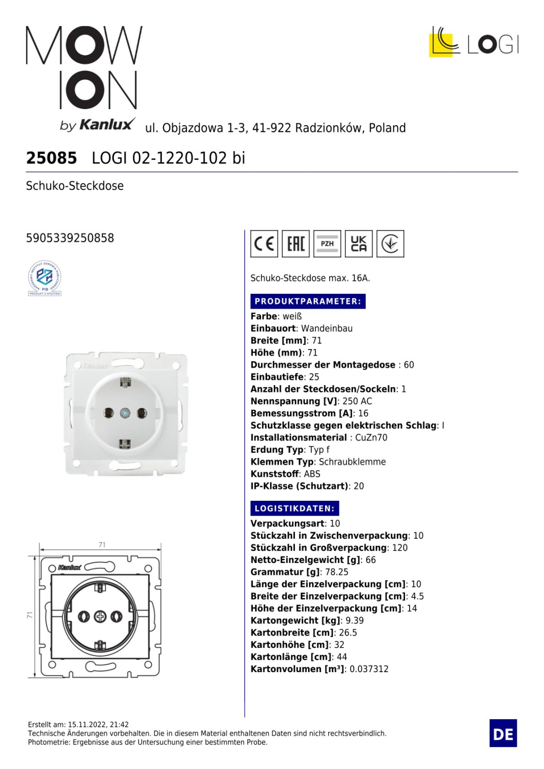 LOGI Steckdose Unterputz Weiss 25085