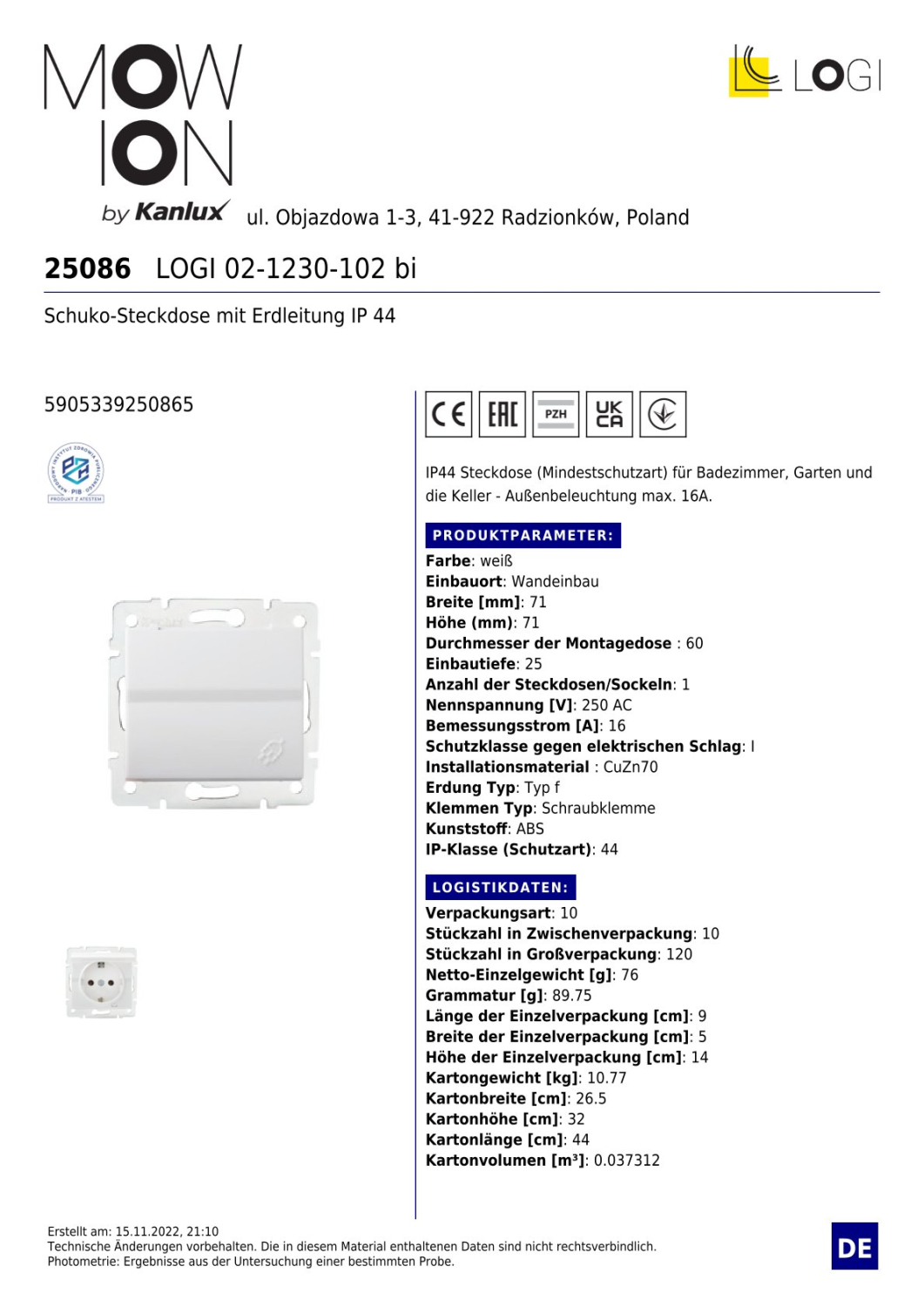 LOGI Steckdose mit Deckel IP44 Weiss Unterputz 25086