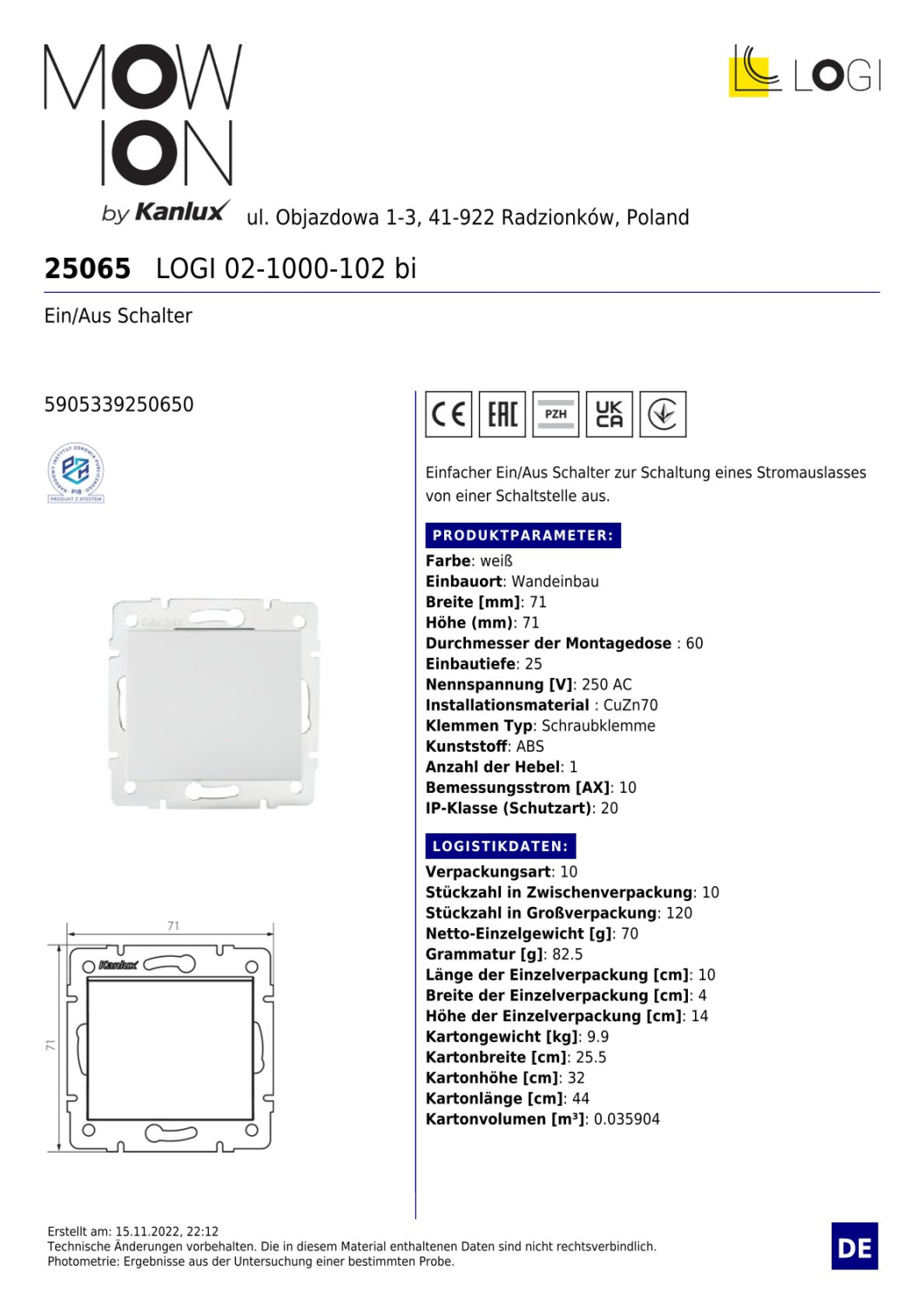 LOGI Schalter Ein-/Ausschalter Weiss Unterputz 25065