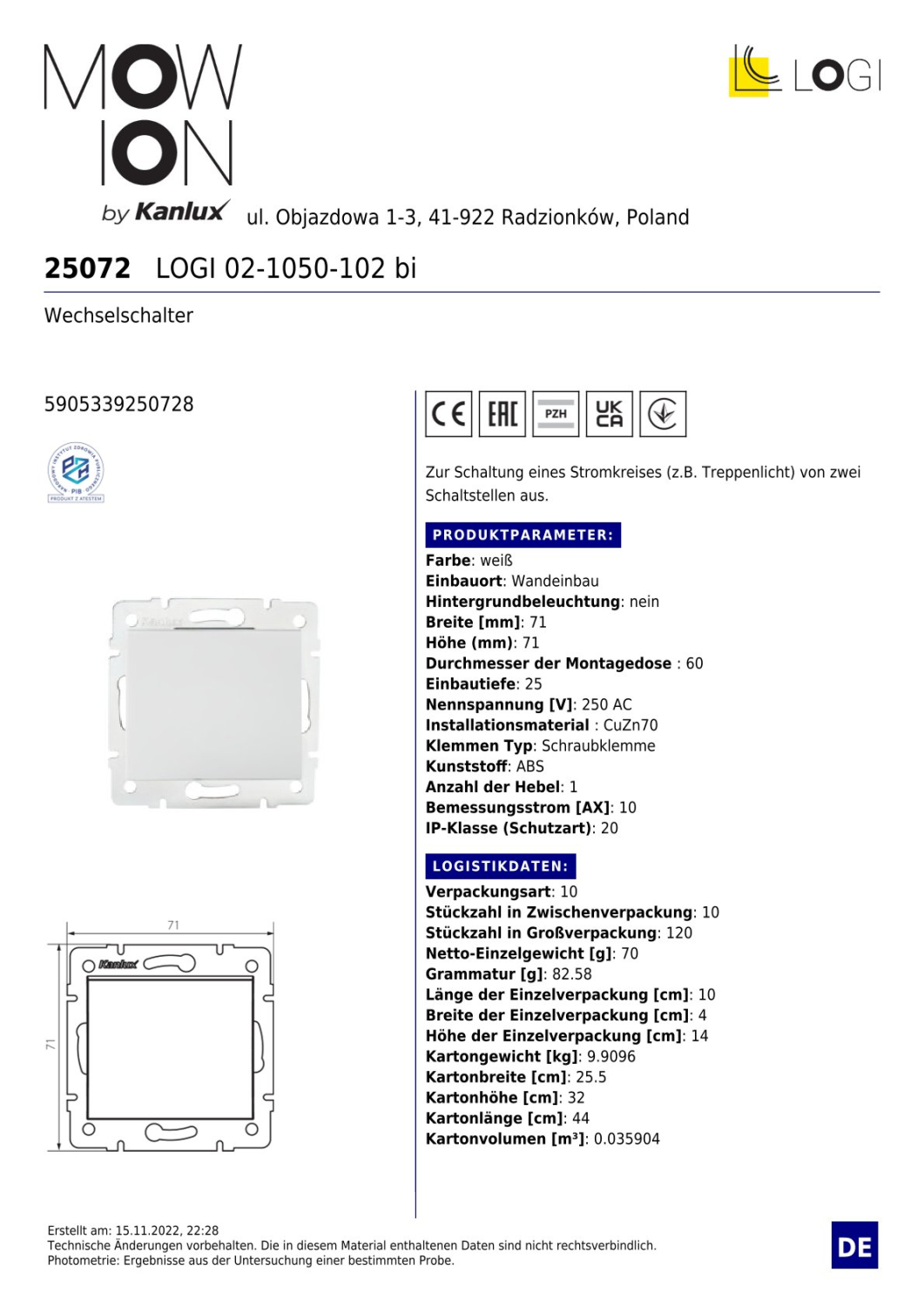 LOGI Wechselschalter Weiss Unterputz 25072