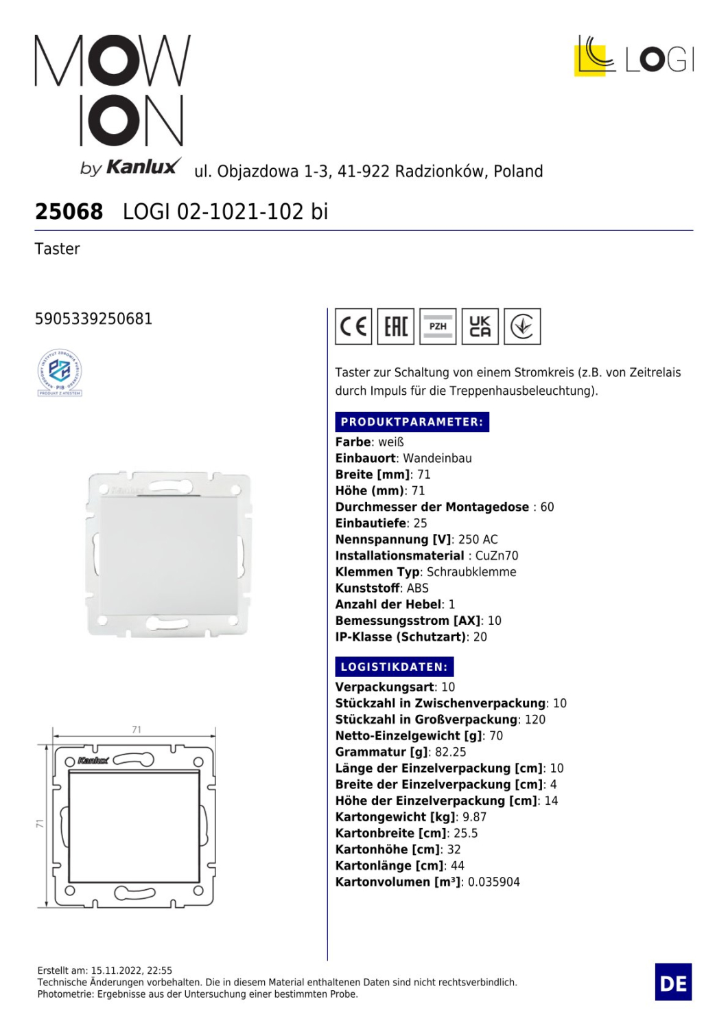 LOGI Taster ohne Rahmen Weiss Unterputz 25068