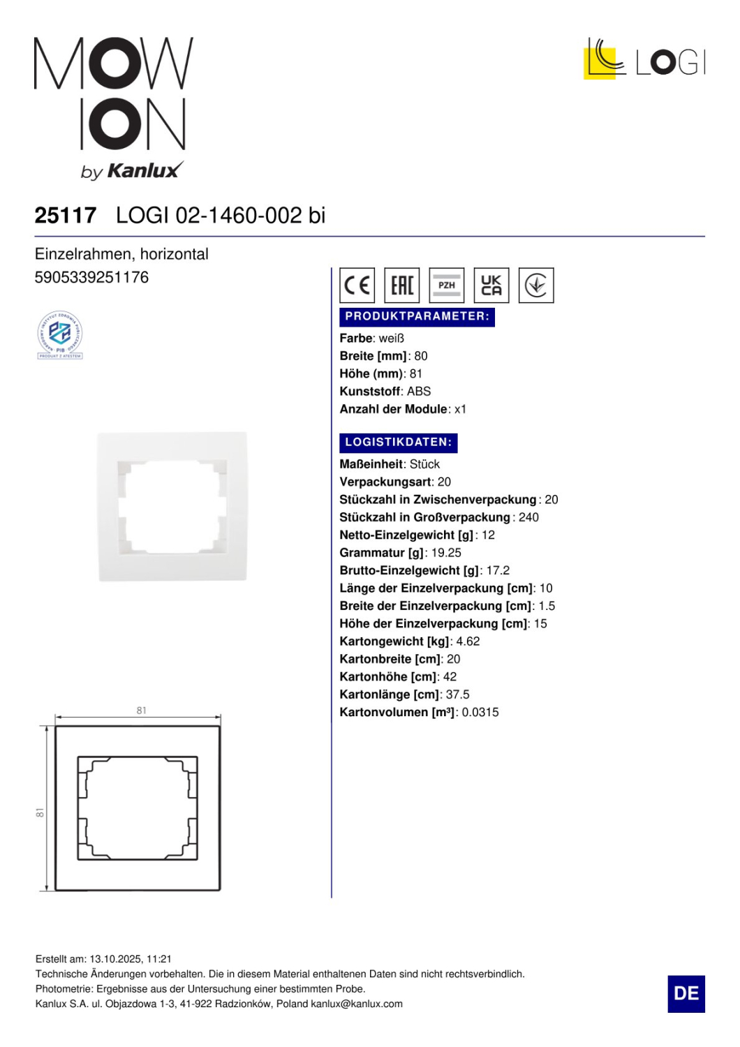 LOGI 1-fach Rahmen Einzelrahmen Steckdosenabdeckung Weiss 25117