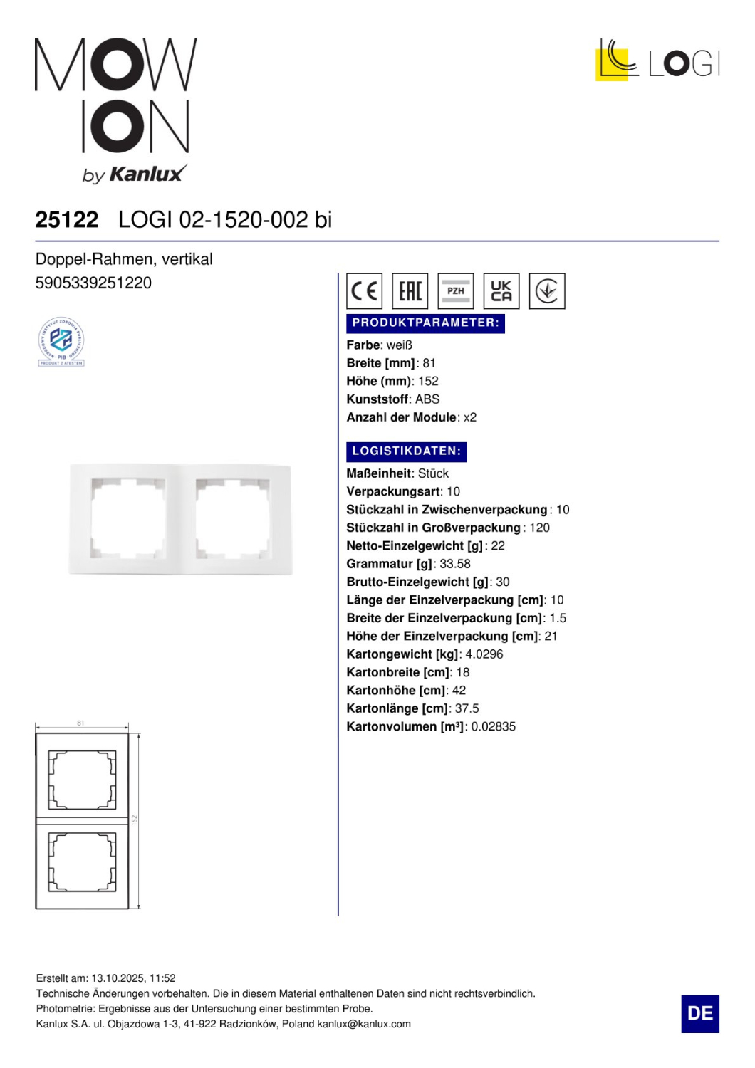 LOGI 2-fach Rahmen Steckdosenabdeckung vertikal Weiss 25122