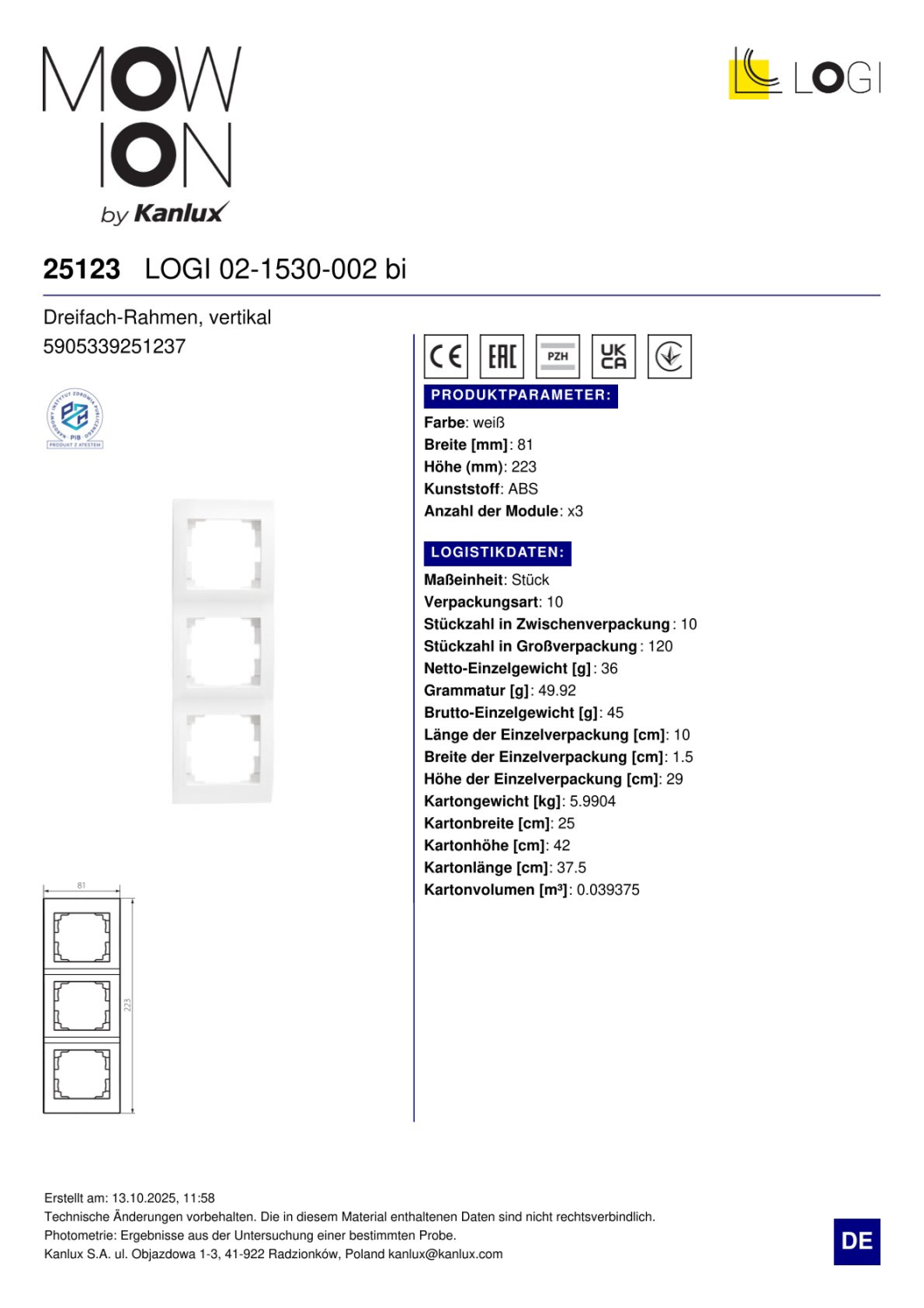 LOGI 2-fach Rahmen Steckdosenabdeckung vertikal Weiss 25123