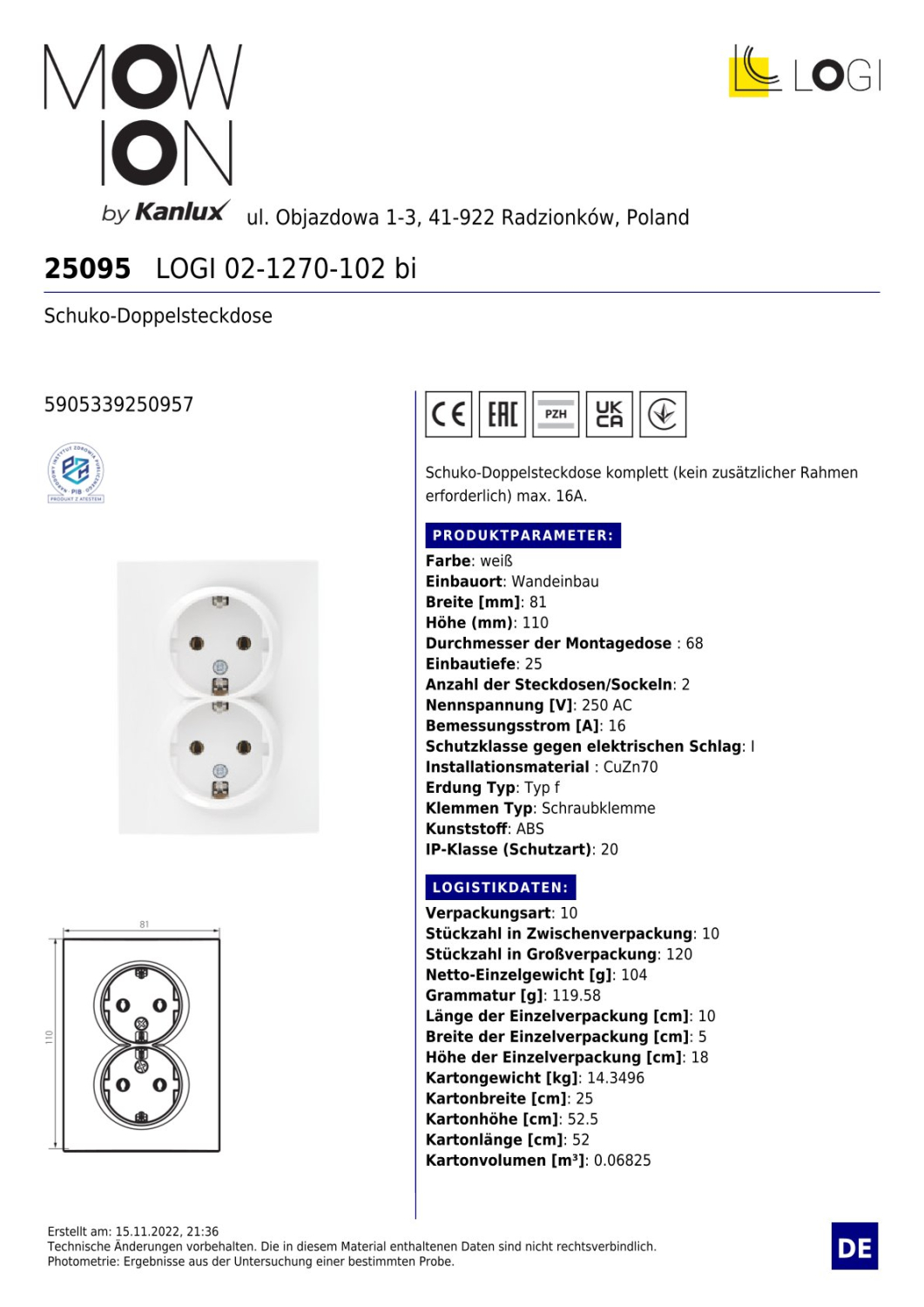 LOGI Doppelsteckdose komplett Unterputz Weiss 25095