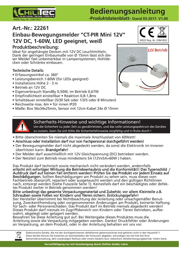 Einbau-Bewegungsmelder "CT-PIR Mini" 12V DC 1-60W Ø15mm 22261