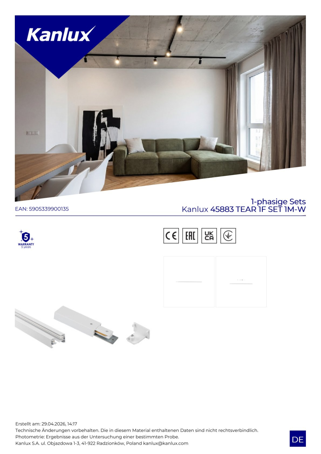 Kanlux TEAR 1F SET 1m 1-Phasen Stromschiene + Anschluss + Endkappe weiss 1F-System 45883