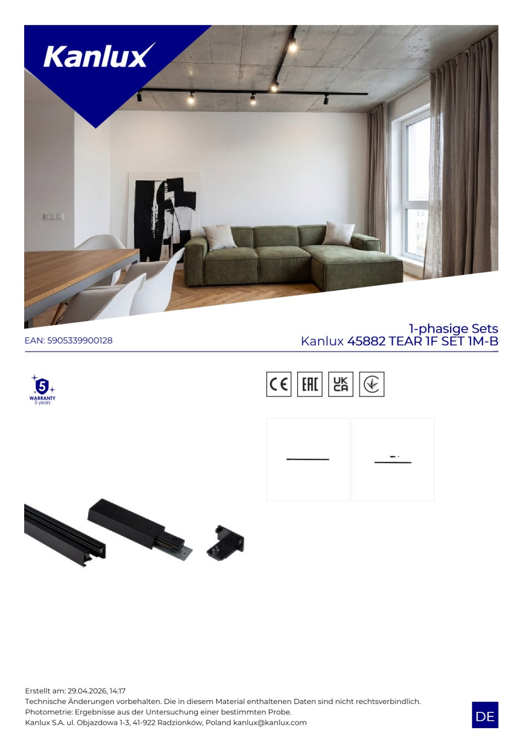 Kanlux TEAR 1F SET 1m 1-Phasen Stromschiene + Anschluss + Endkappe schwarz 1F-System 45882