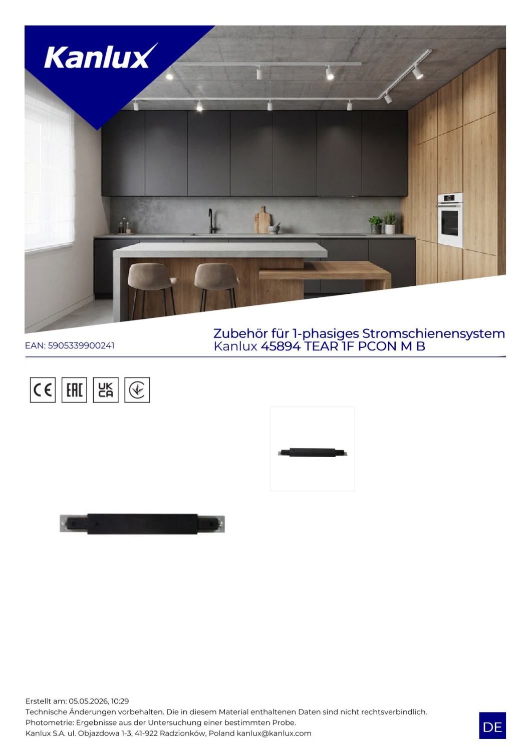 Zubehör für 1-phasiges Stromschienensystem Kanlux 45894 TEAR 1F PCON M B