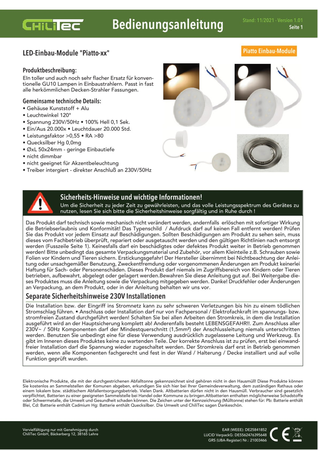 ChiliTec LED Einbauleuchte "Piatto N5" 38° 5W Modul 4200K 380Lm 23293