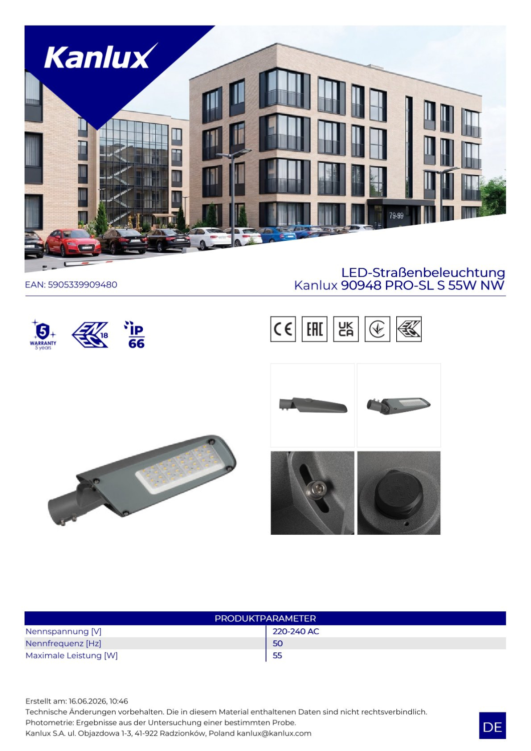 Kanlux LED Strassenleuchte PRO-SL S 55W NW 4000K 9080Lm IP66 90948