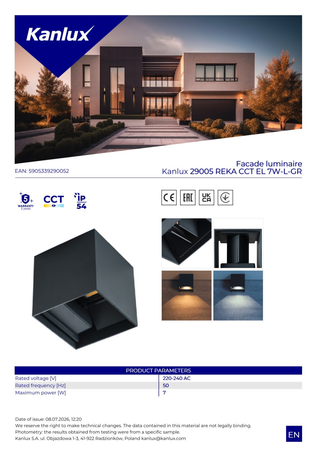 Kanlux LED Wandleuchte REKA CCT 3000/4000/6500K graphit 7W IP54 29005