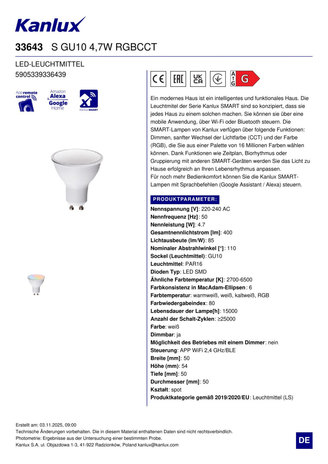 Kanlux SMART LED Lampe S GU10 RGB CCT 4,7W Strahler 33643