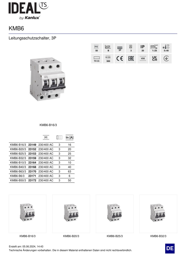 Sicherungsautomat Sicherung KMB6 B20 3P 20A Leitungsschutzschalter 23152
