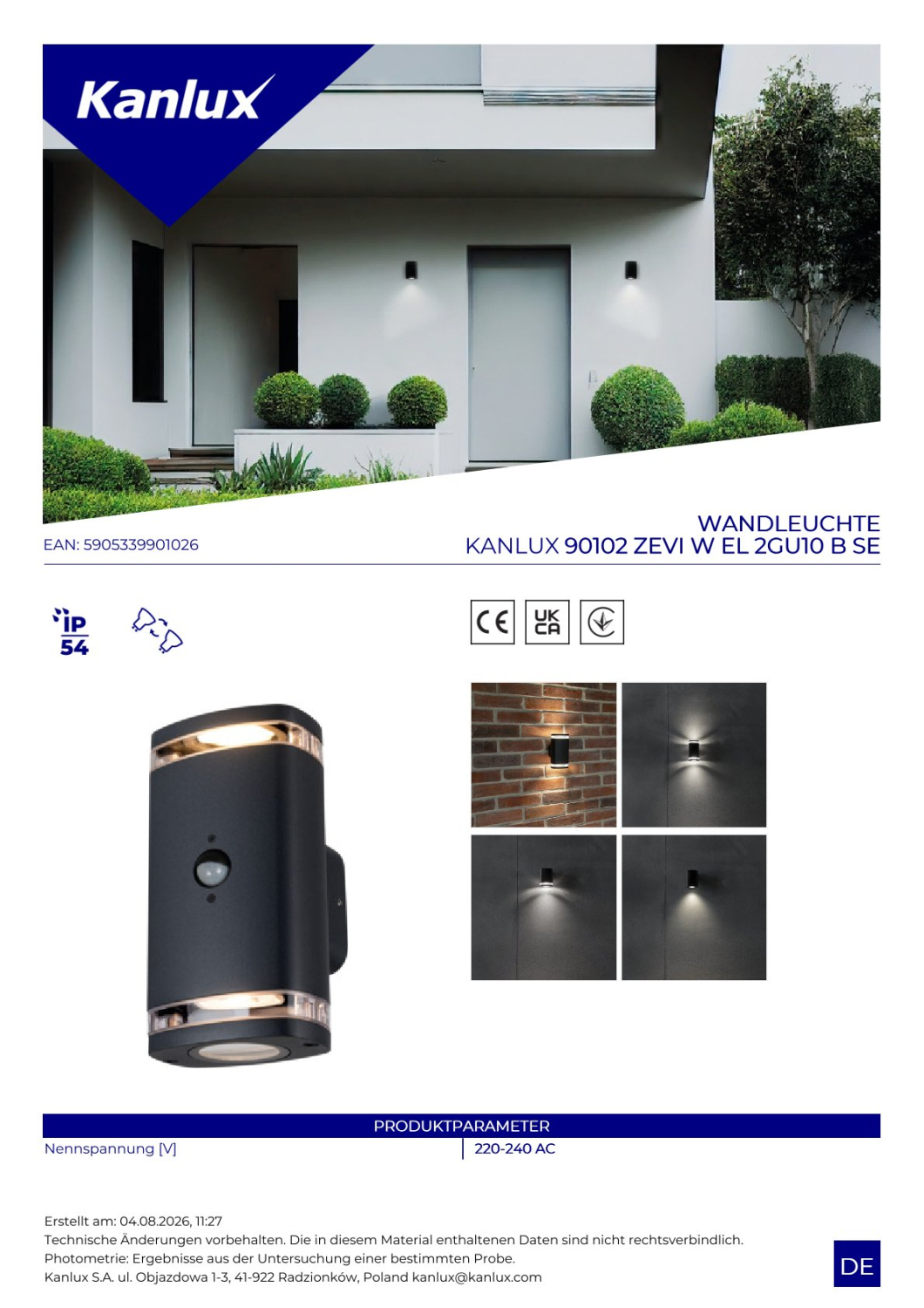 Kanlux Wandleuchte ZEVI W EL mit Bewegungsmelder PIR Sensor schwarz IP54 GU10 90102