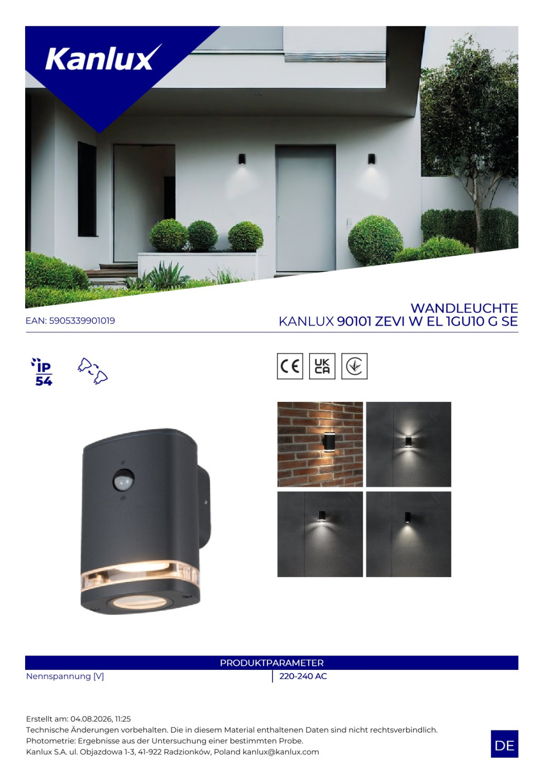 Kanlux Fassadenleuchte ZEVI W EL mit Bewegungsmelder PIR Sensor graphit IP54 90101