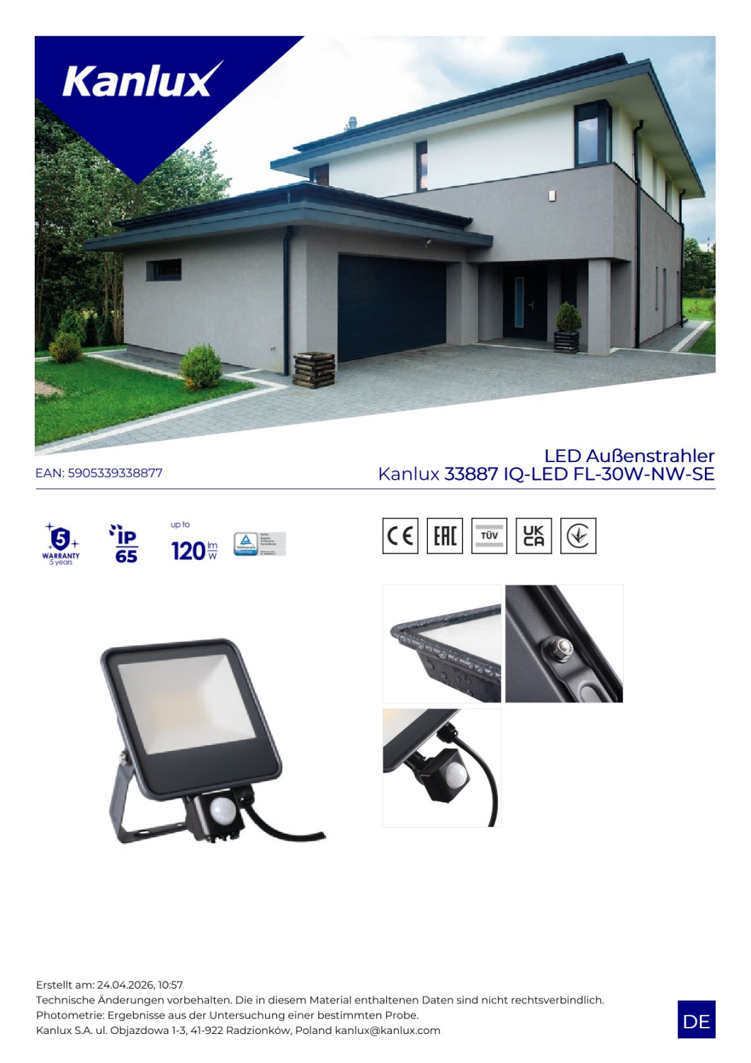 Kanlux LED Fluter IQ FL-30W-NW-SE 30W IP65 4000K Außenstrahler mit Sensor