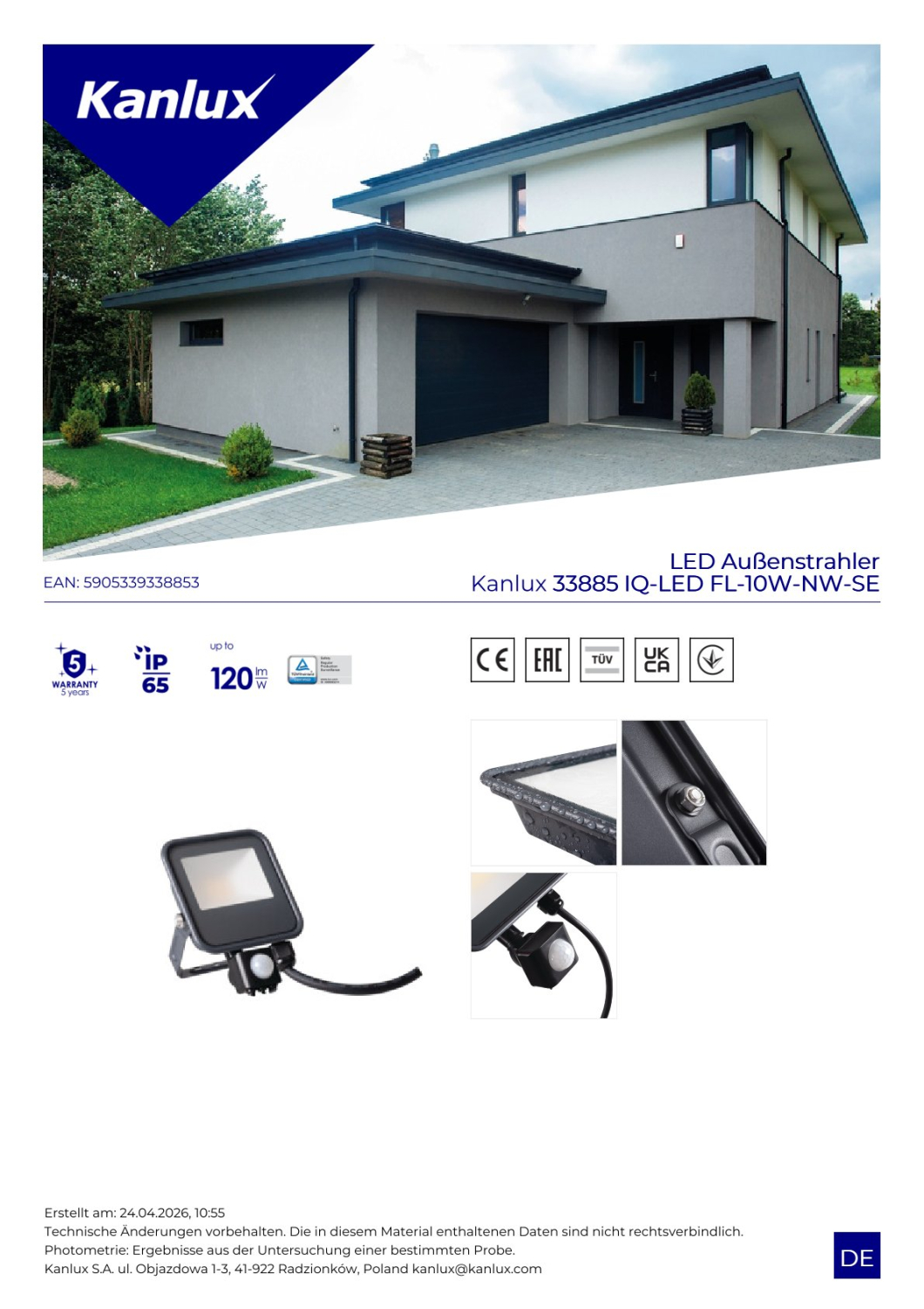 Kanlux LED Fluter IQ FL-10W-NW-SE 10W IP65 4000K Außenstrahler mit Sensor