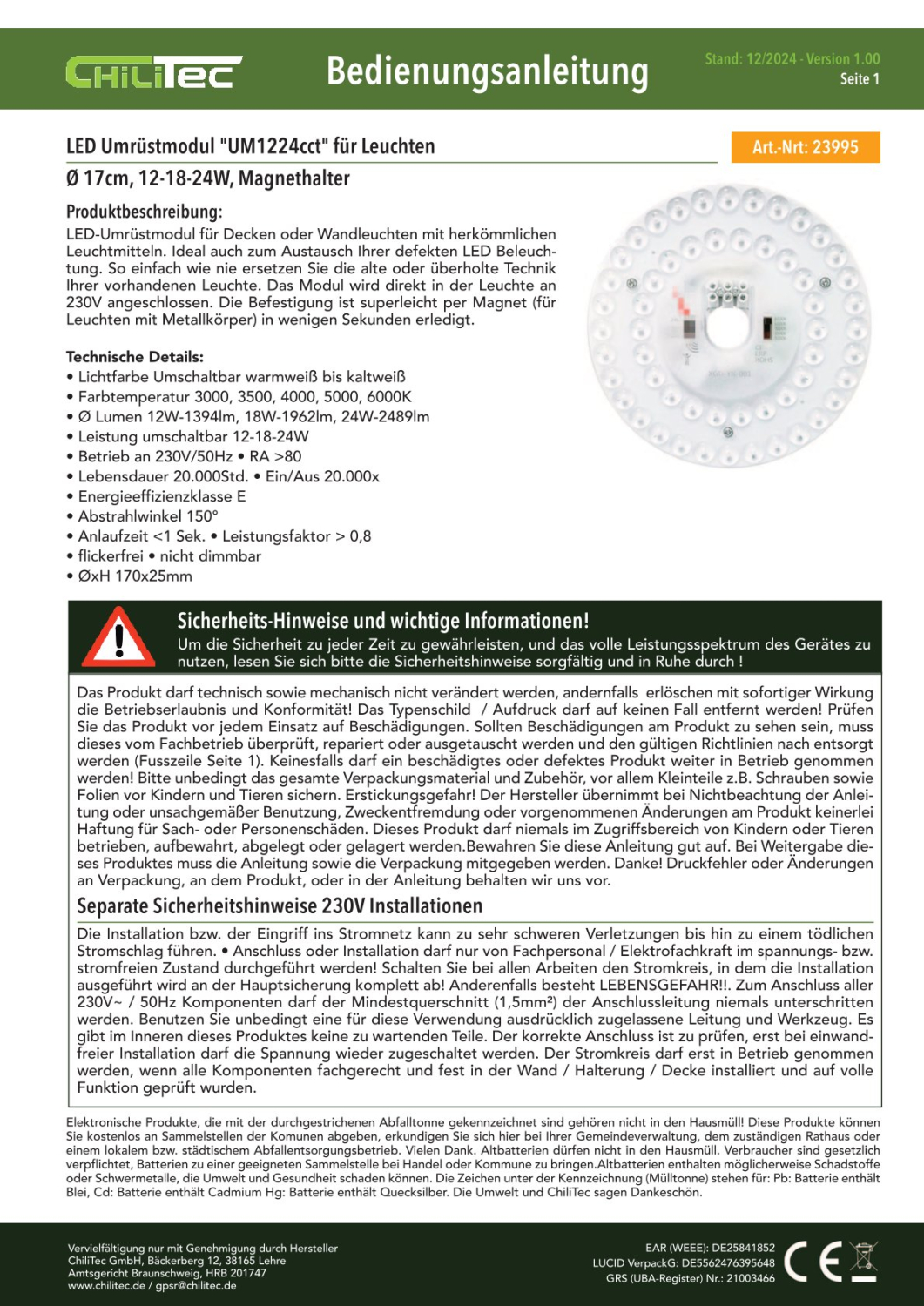 ChiliTec LED Modul "UM1224cct" Ø17cm, 12-18-24W, 3000-6000K, Magnethalter 23995 - Leuchten Umrüstung