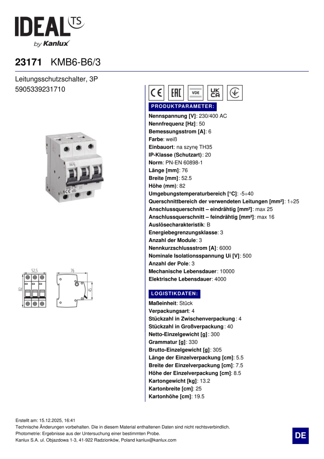 Ideal Leitungsschutzschalter KMB6-B6/3 6A 3-polig VDE 23171