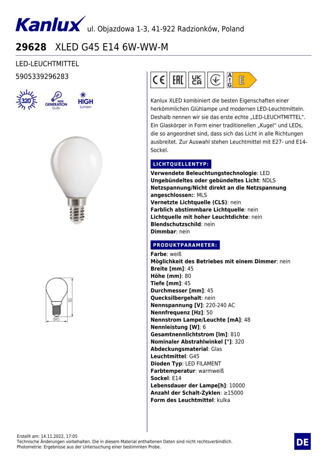 XLED LED Lampe G45 2700K E14 matt 6W Filament Leuchtmittel 810Lm warmweiss 29628